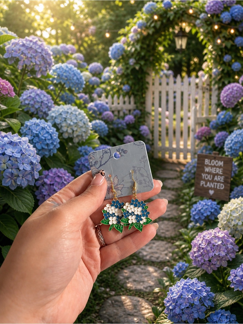 Handmade Hydrangea Dangle Earrings — Blue, White & Green